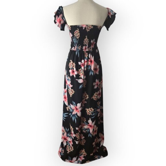 Windsor Tropical Sunsets Black Pink & Blue Floral Print Off Shoulder Maxi Dress - Picture 5 of 8